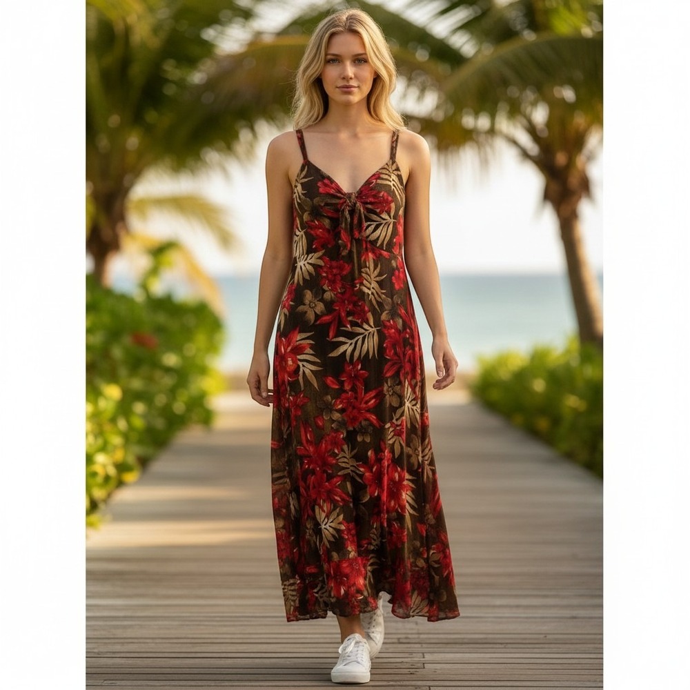 madison‎ leigh Brown Floral Midi Dress with Red Flowers